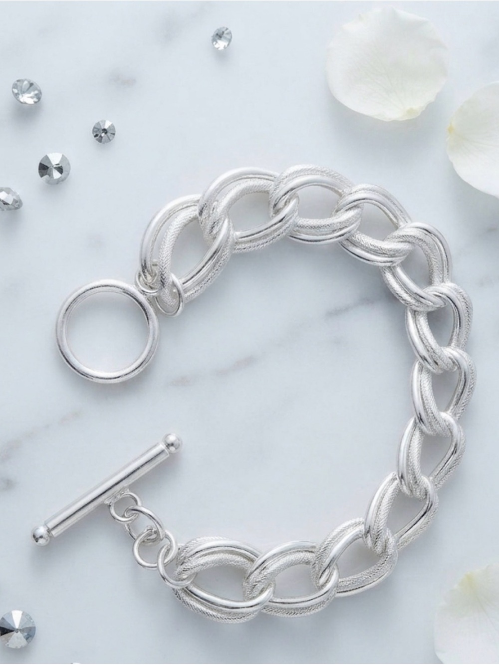 Sterling Silver 925 Chunky Curb Chain Toggle Bracelet